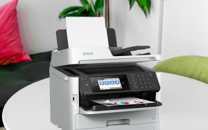 Epson printer sits on table on home office with plant in background