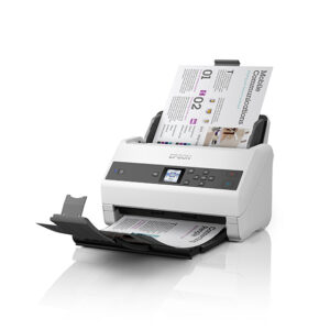 A document sits in the feeder tray of an Epson WorkForce DS-970 document scanner with plain white background