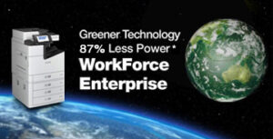 Epson printer sits on top of the Earth in open space. Text reads "Greener Technology 87% less power. WorkForce Enterprise".