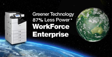 Epson printer sits on top of the Earth in open space. Text reads "Greener Technology 87% less power. WorkForce Enterprise".