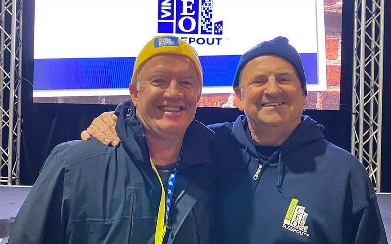 Document Solutions Directors Sleep Outside In Support of Homelessness: Vinnies CEO Sleepout 2021 Alan Thompson and Colin Wheeler smiling at Vinnies CEO Sleepout Gold Coast 2021