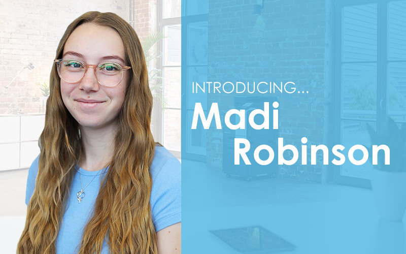 Madi Robinson, admin and receptionist smiling with text" Introducing Madi Robinson"