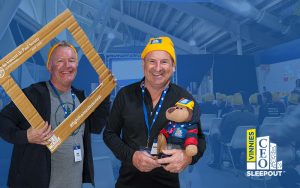 Alan Thompson and Colin Wheeler Document Solutions Directors smiling at Vinnies CEO Sleepout Gold Coast 2022