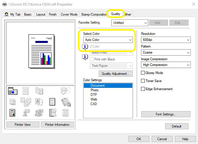 Konica Minolta printer properties menu with Colour section highlighted