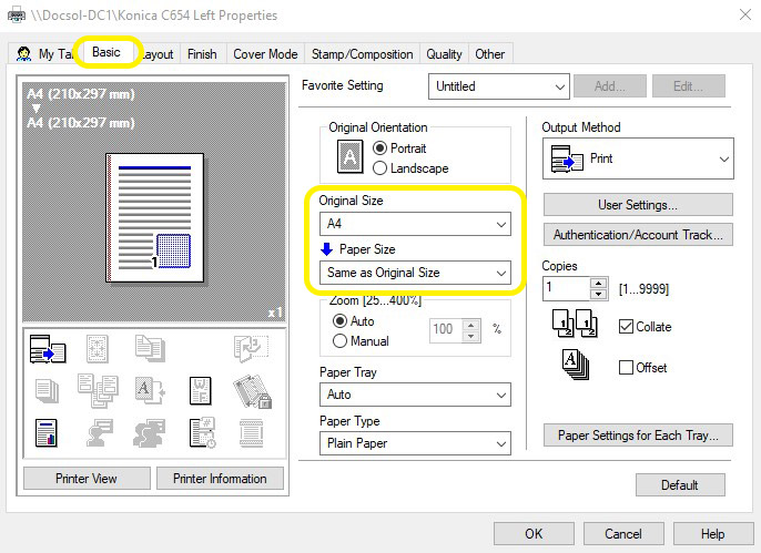 Konica Minolta printer properties menu with Paper Size section highlighted