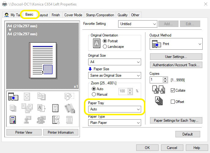 Konica Minolta printer properties menu with Paper Tray section highlighted