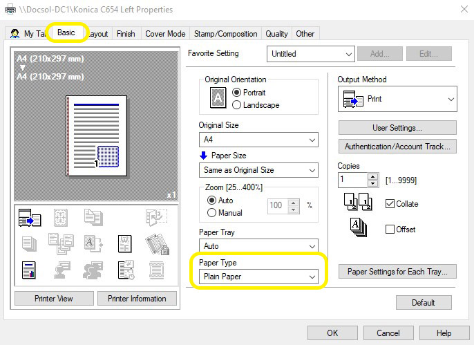 Konica Minolta printer properties menu with Paper Type section highlighted