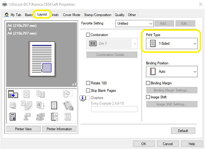 Konica Minolta printer properties menu with Print Type 1 sided or 2 sided section highlighted