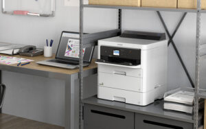 Blog EPson Inkjet A4 printer sits on shelf in warehouse